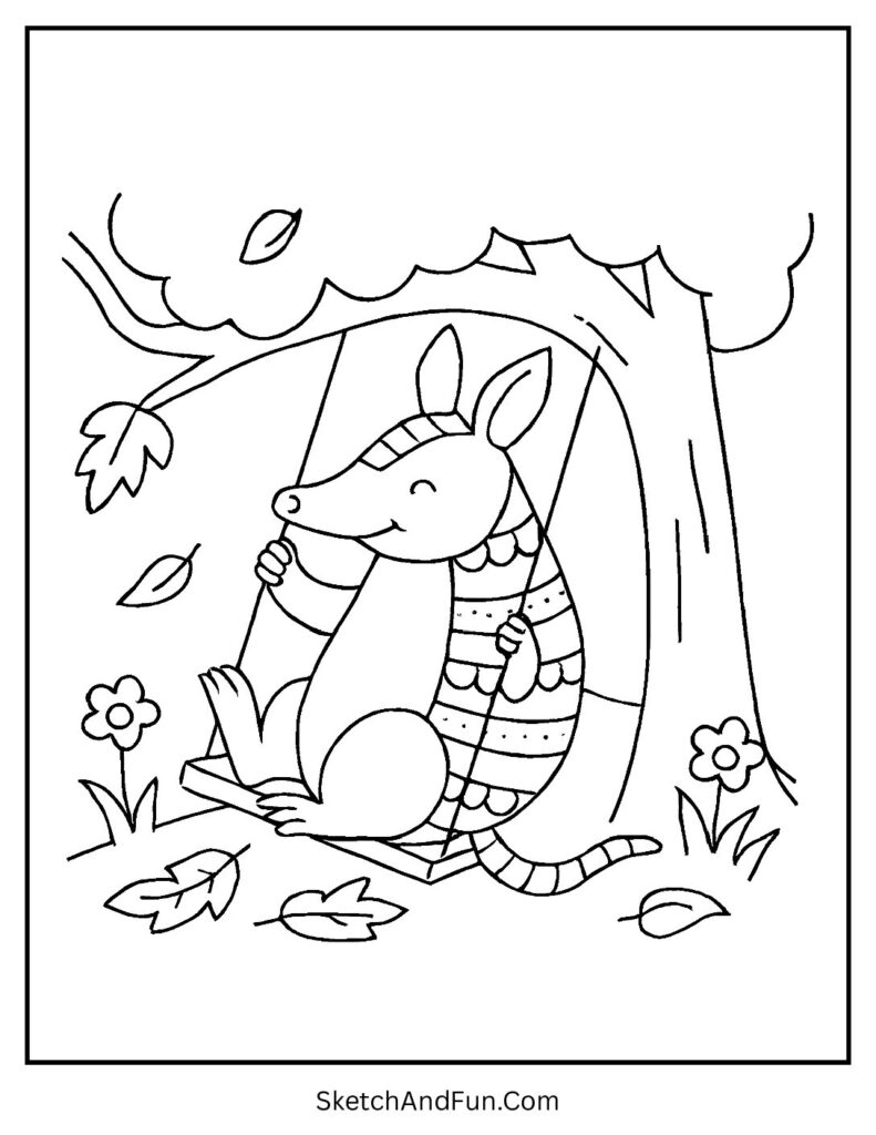 Armadillo swinging under shady tree – wildlife armadillo coloring pages outdoor joy.