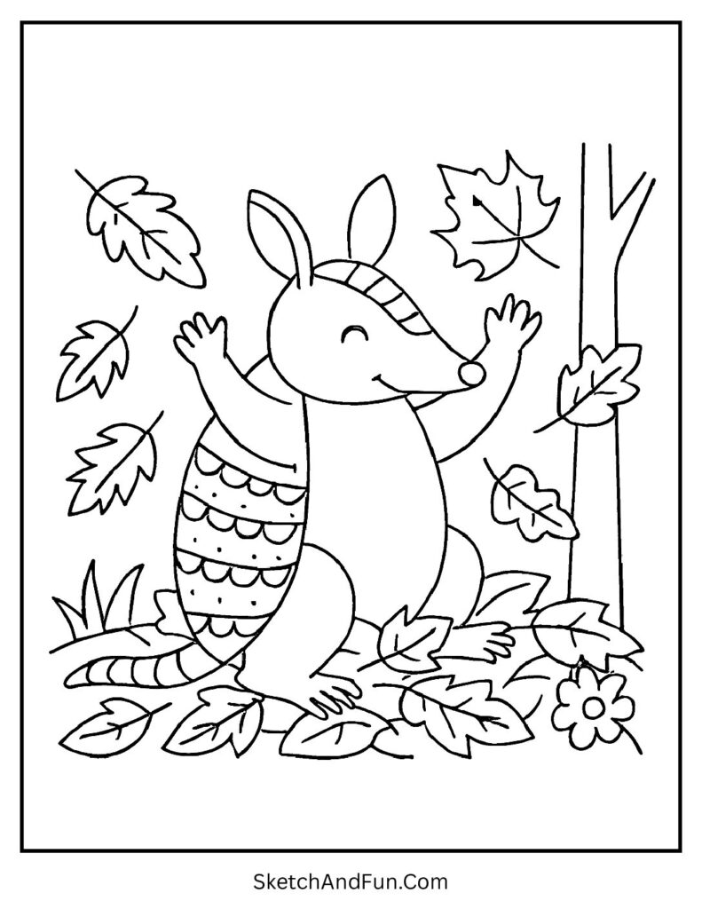 Armadillo with autumn leaves around – armadillo coloring book pages printable fall vibes.
