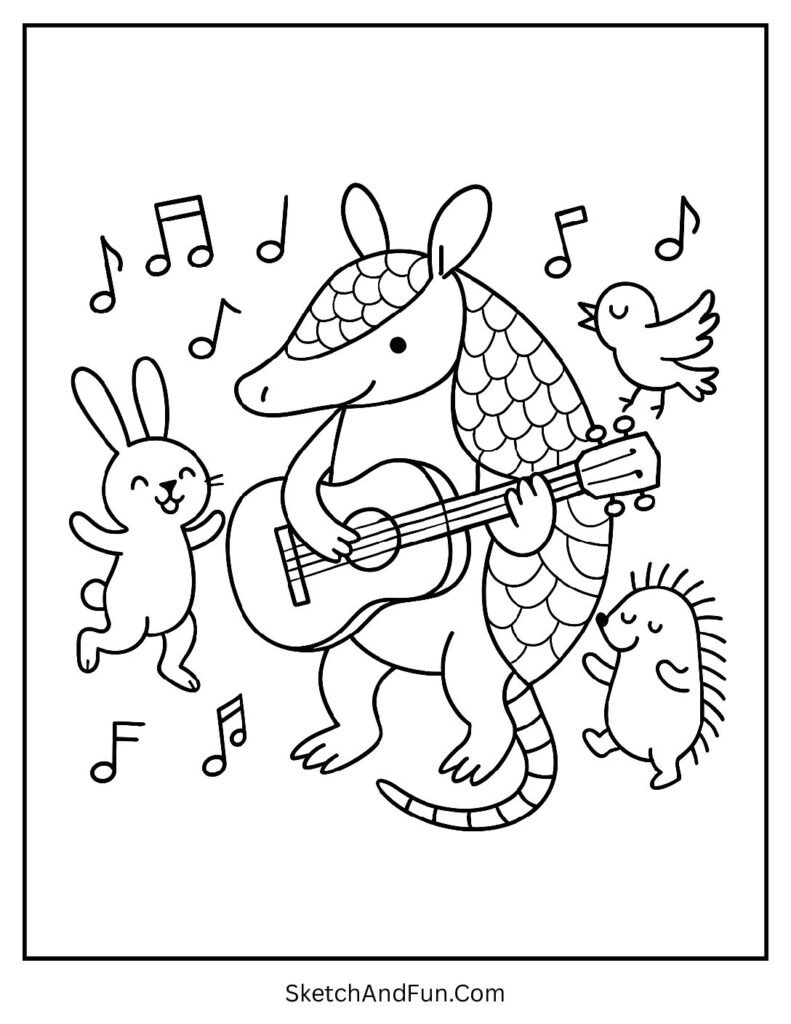 Armadillo playing guitar with animals – armadillo coloring sheet printable for music fun.