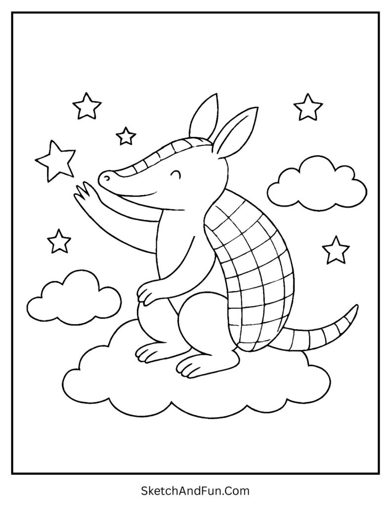 Armadillo on cloud reaching for stars – zen armadillo coloring page for bedtime calm.