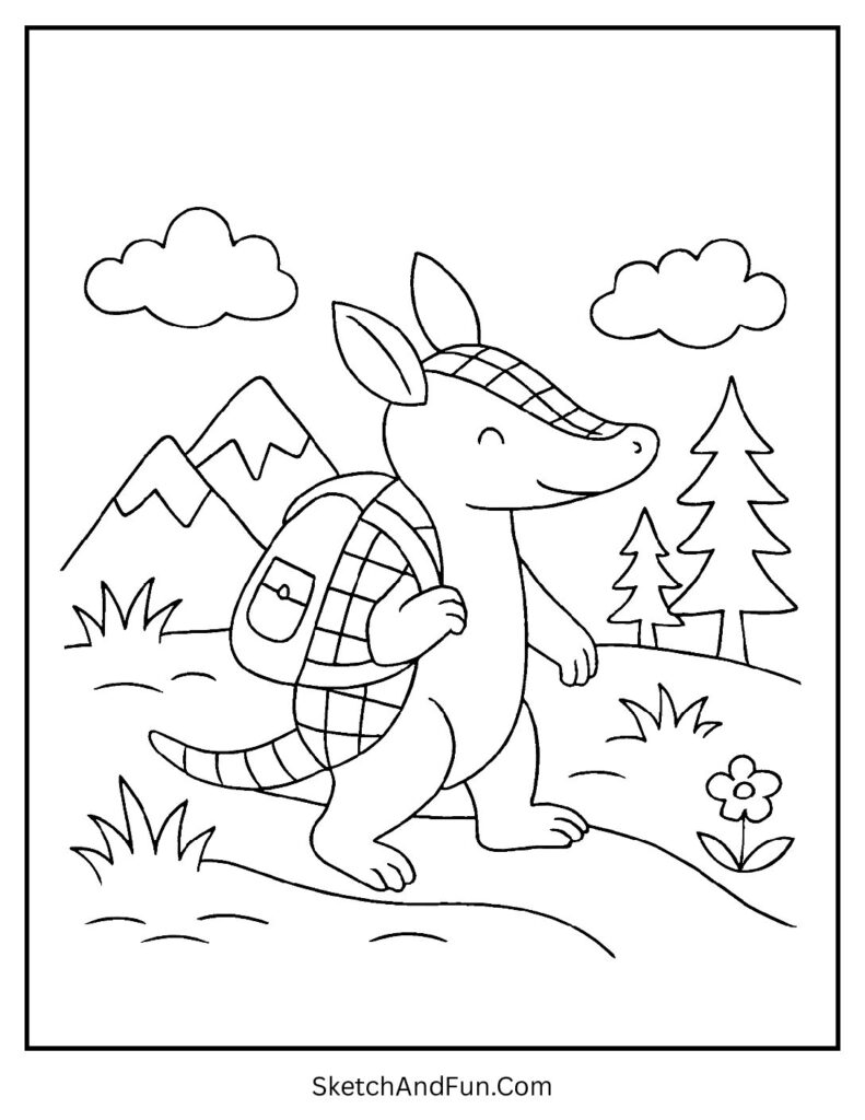 Armadillo hiking with backpack on trail – easy armadillo coloring pages for kindergarten hikers.