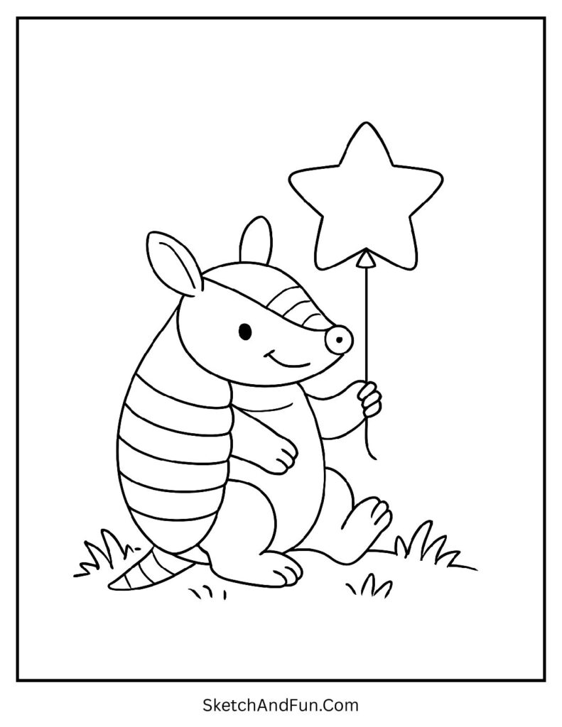 Happy armadillo holding a star balloon on grass – armadillo coloring pages printable for kids.
