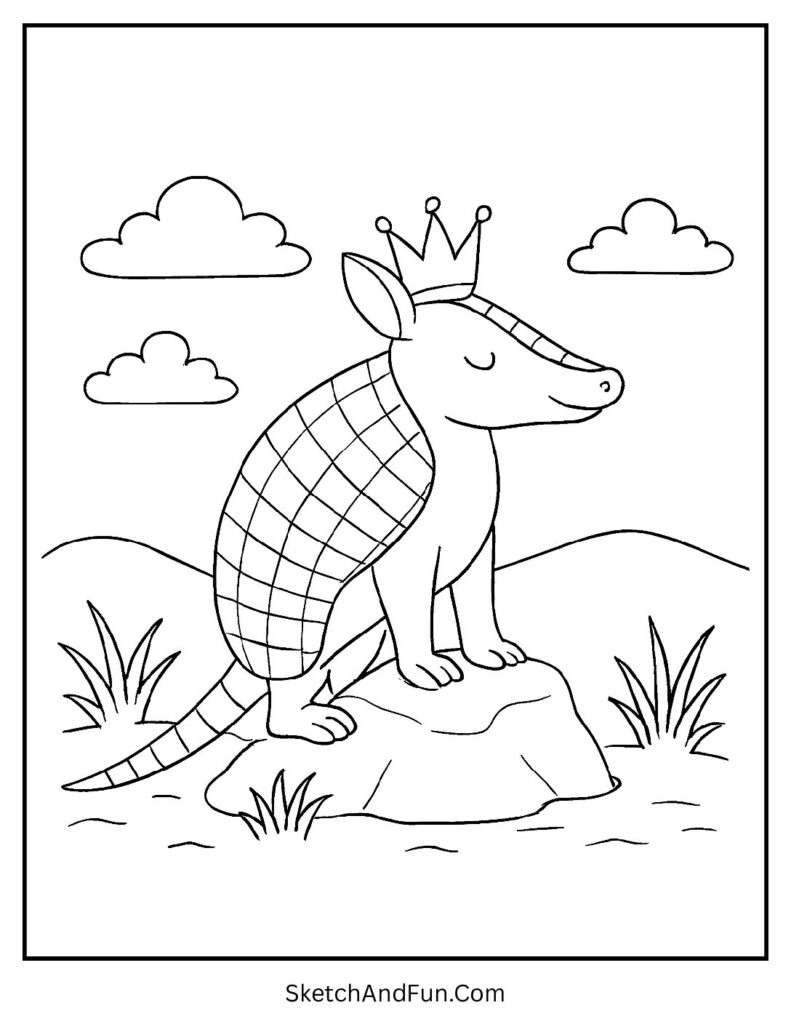 Crowned armadillo standing on a rock – giant armadillo coloring page with royal theme.