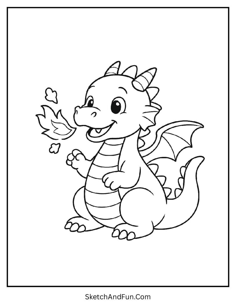 Baby dragon puffing fire drawn as easy coloring pages for seniors.