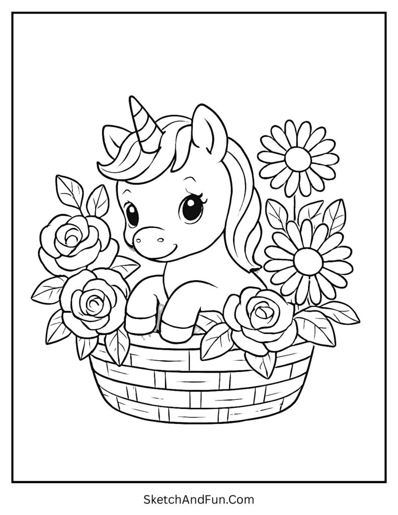 Baby unicorn coloring pages to print with a unicorn in a flower basket.