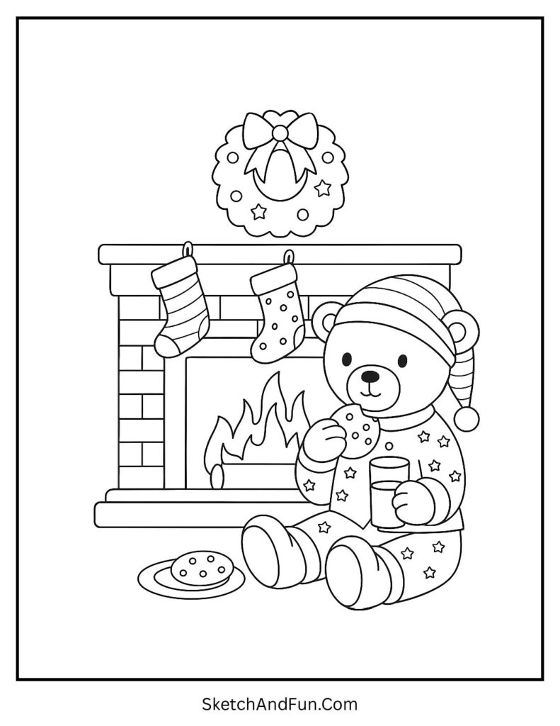 Bear waits for Santa with cookies, Christmas coloring pages print & color cozy.