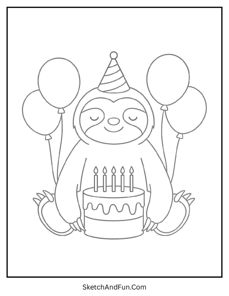 Party hat and cake featured in sloth coloring pages seasonal / holiday theme.