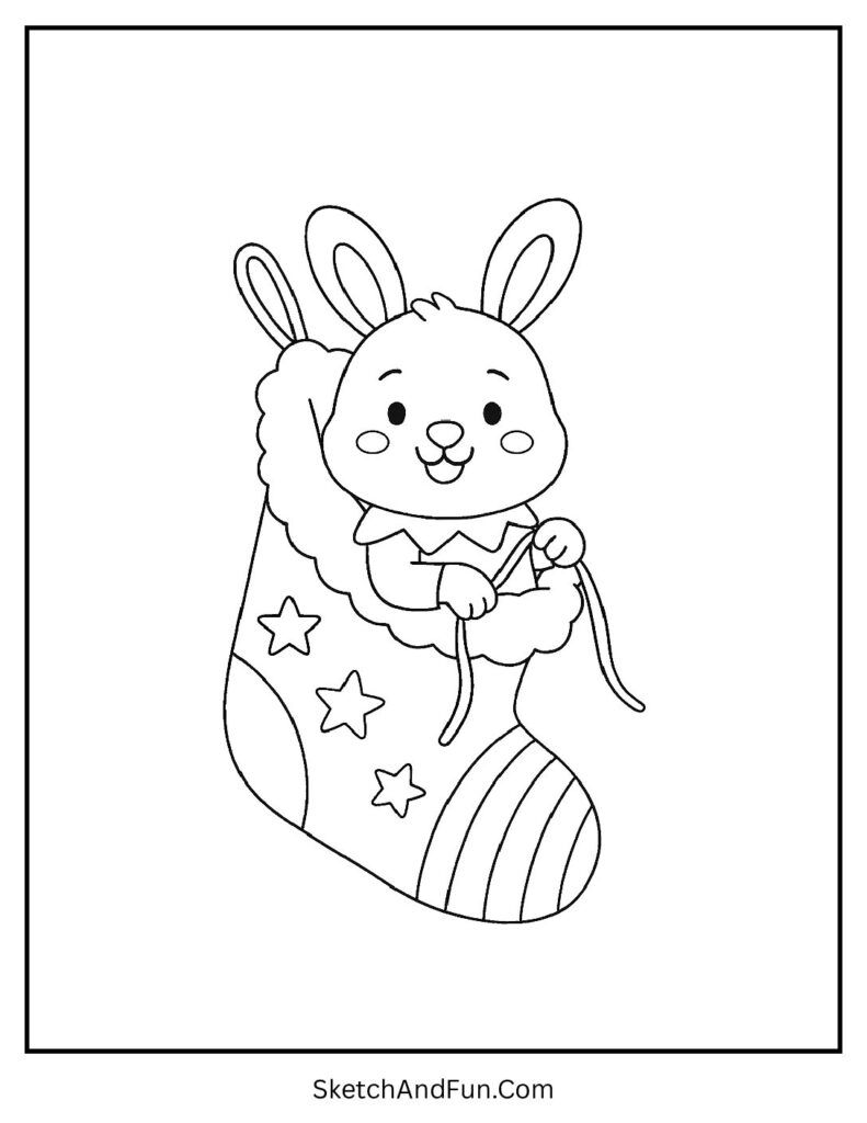 Rabbit peeks from stocking, Christmas coloring pages preschool and kindergarten fun.