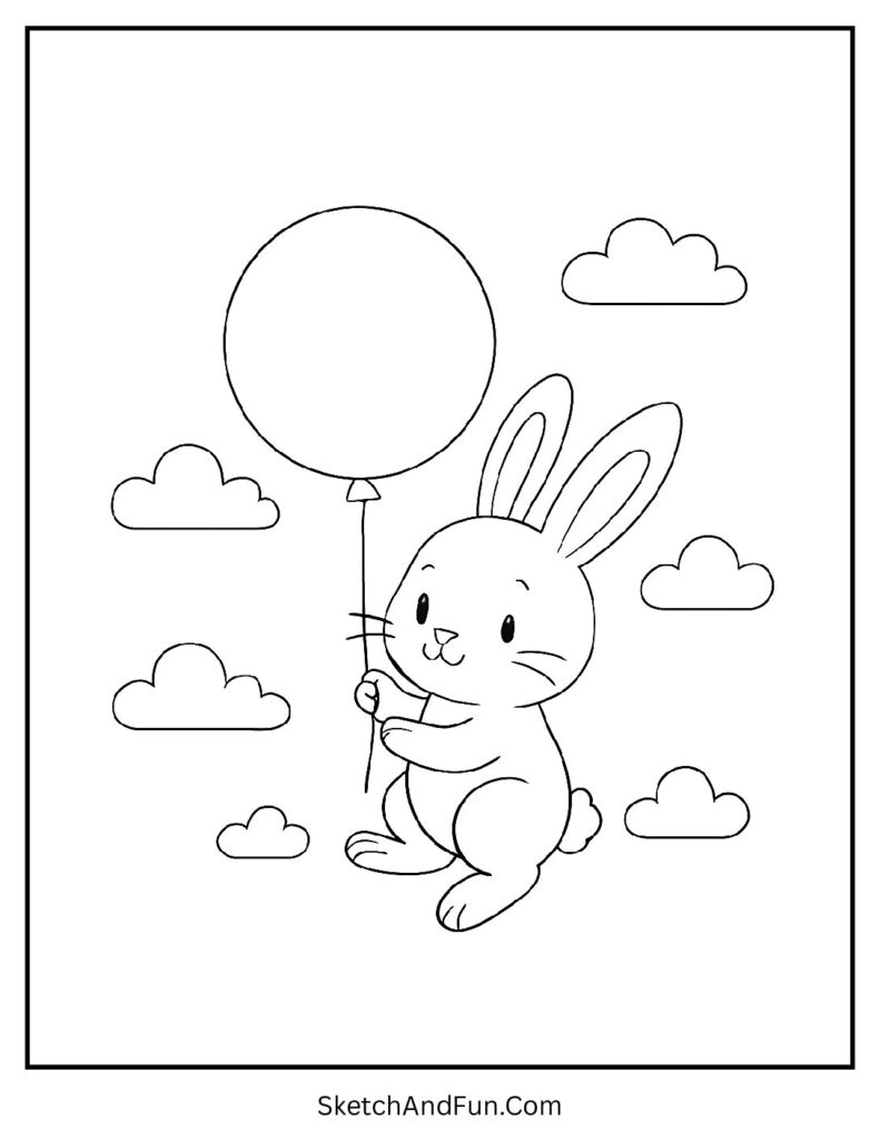 Bunny holding a balloon floating high as easy coloring pages for preschoolers.