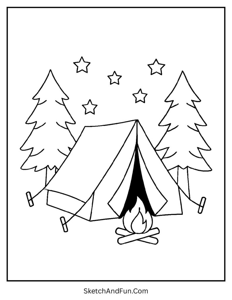 Cozy camping tent near trees as easy beach theme coloring pages.