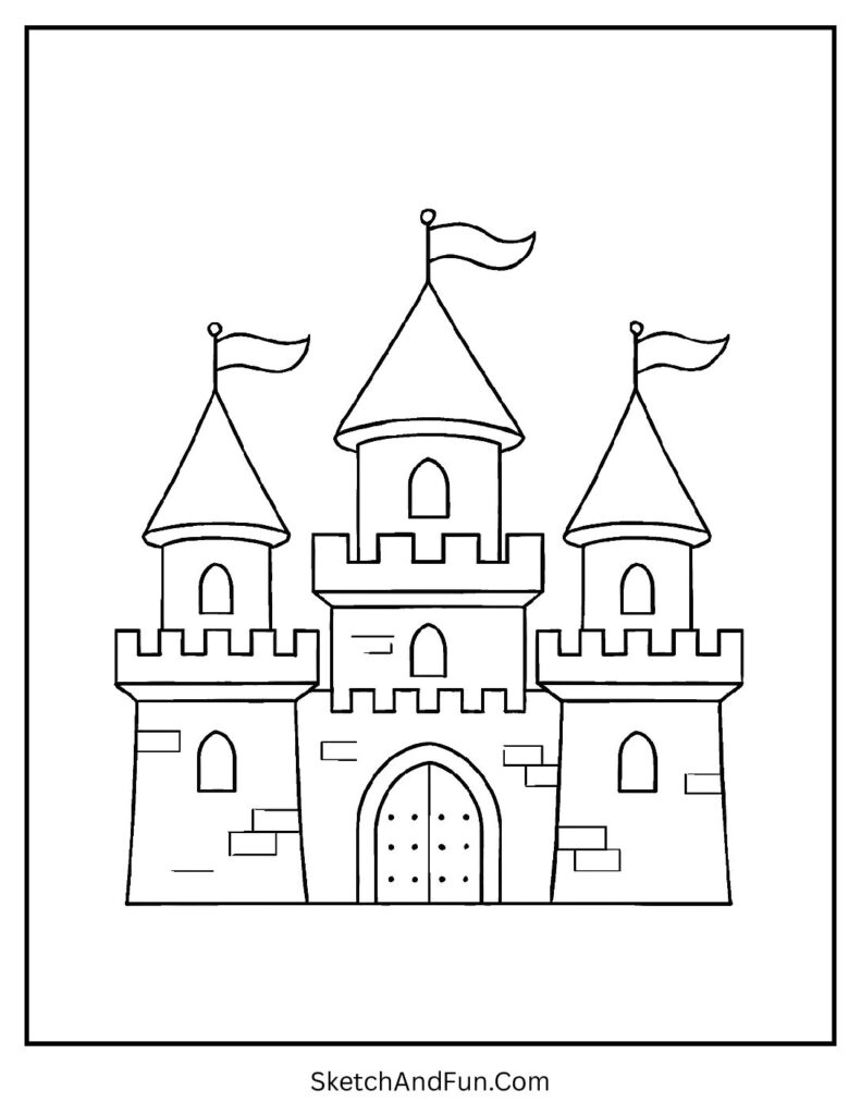 Castle with towers and flags for easy coloring pages learning shapes.
