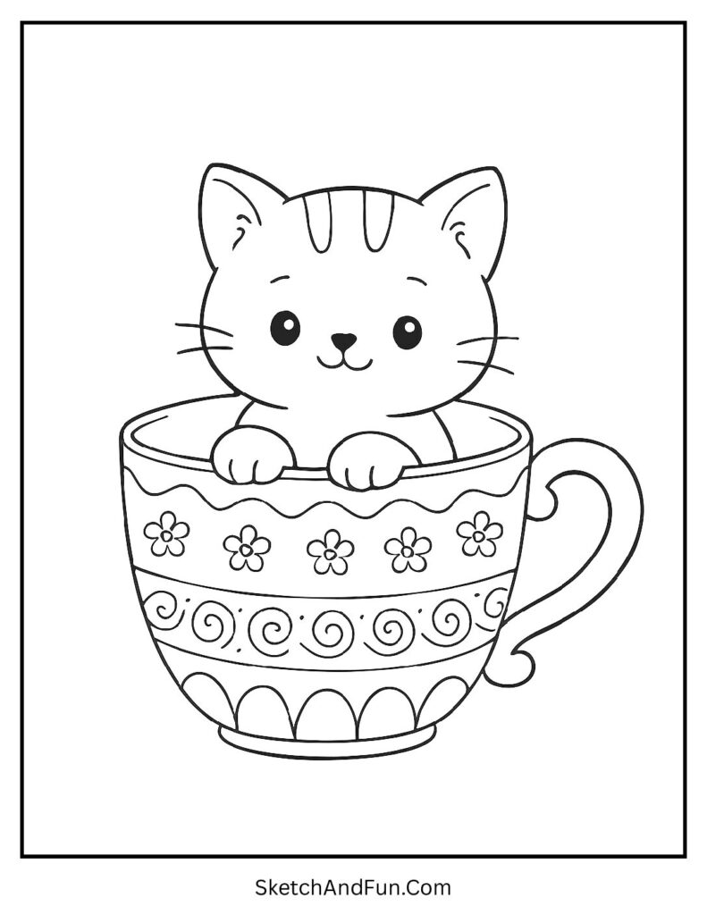 Cat sitting inside a teacup designed for easy cartoon coloring pages.