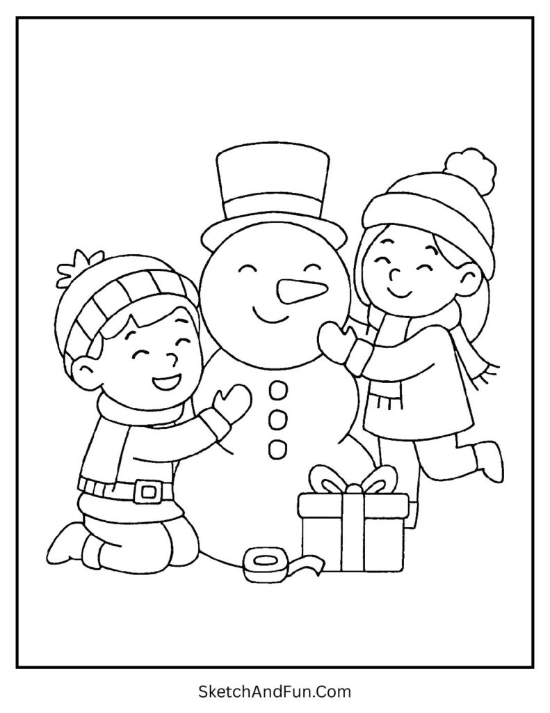 Christmas coloring pages kids with children building a snowman