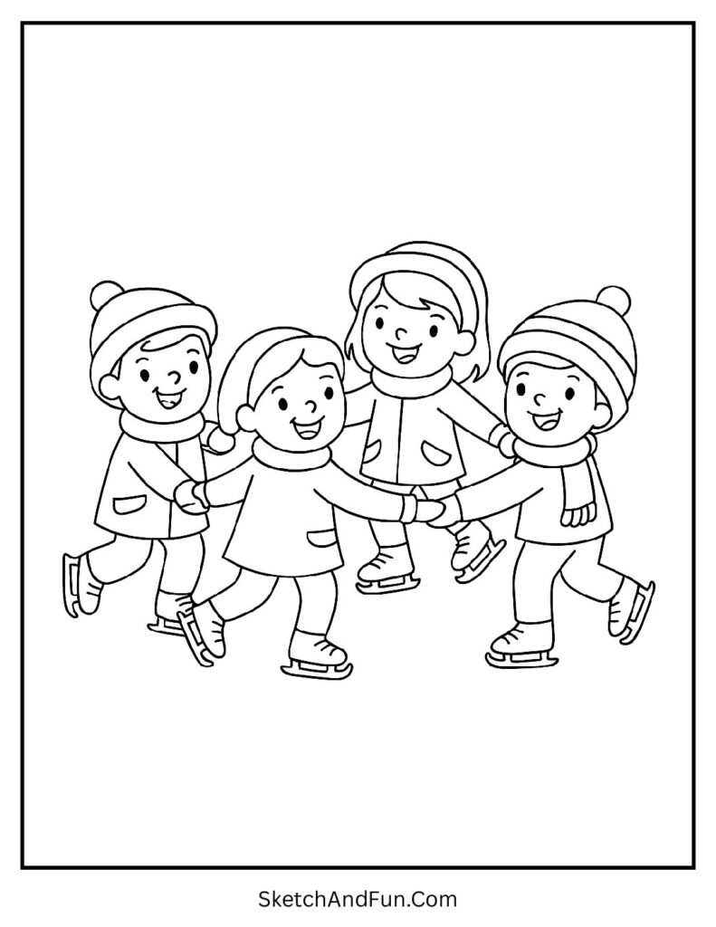 Kids skating hand in hand, Christmas coloring pages seasons winter outdoor fun.