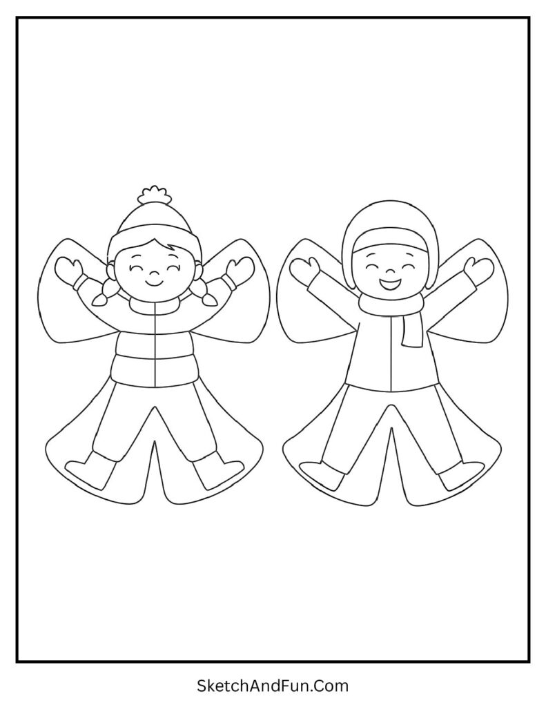 Kids lie in snow as angels, Christmas coloring pages seasons winter playful.