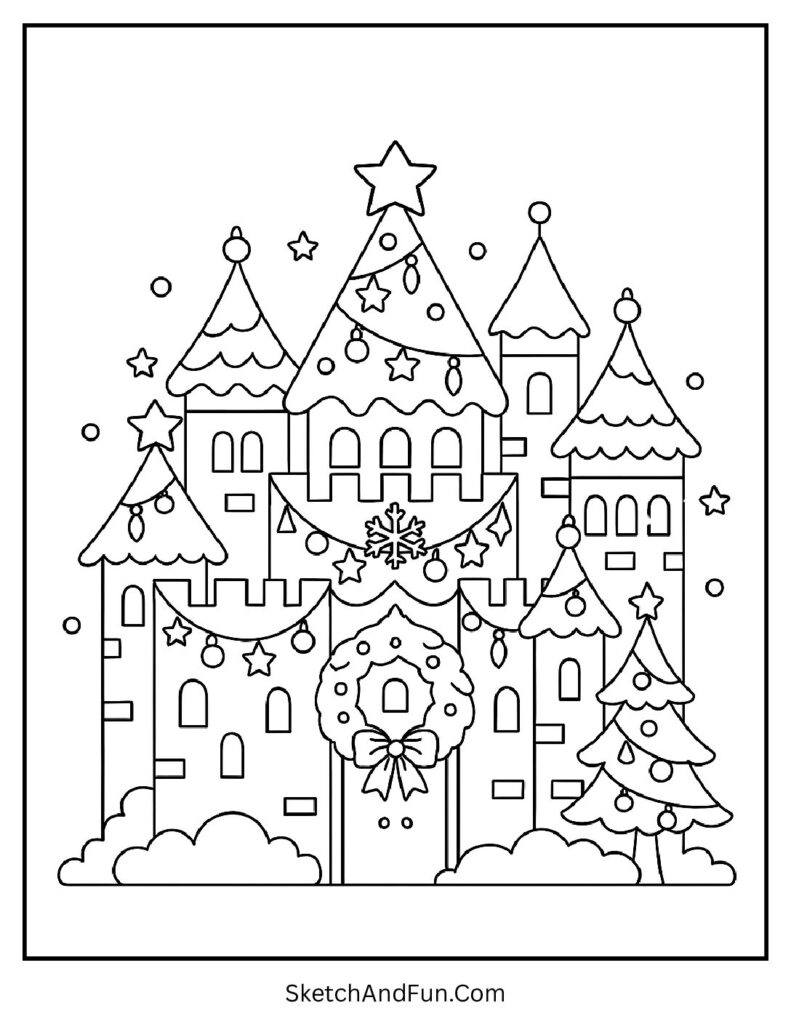 Decorated snowy towers, Christmas coloring pages doodle art magical.