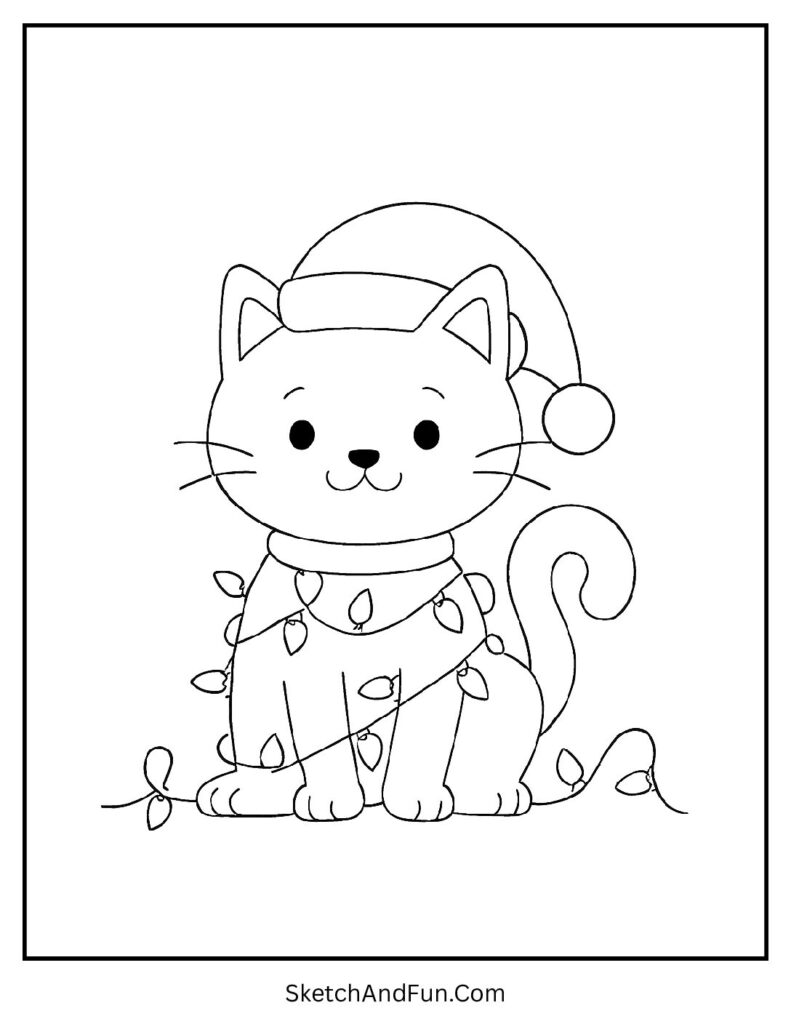 Christmas coloring pages cartoon style cat tangled in lights