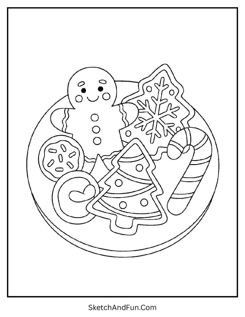 Simple Christmas coloring pages cookies on a holiday plate