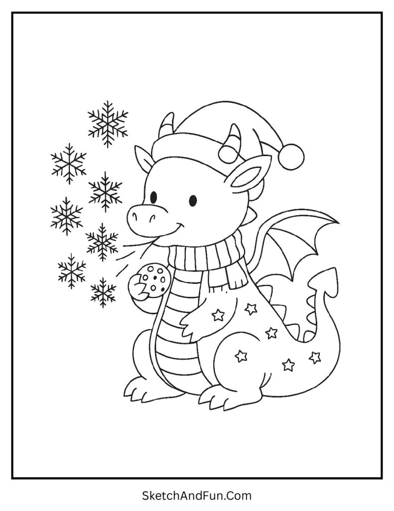 Friendly dragon blows snowflakes, Christmas coloring pages fun activities playful.