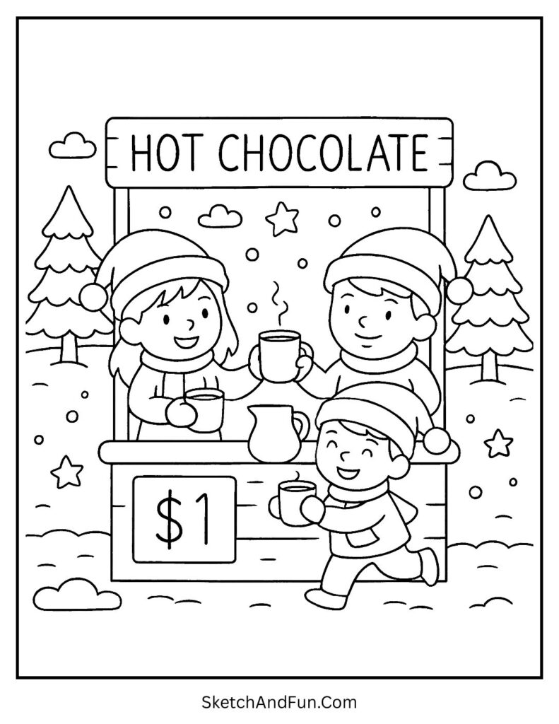 Christmas coloring pages holiday theme hot chocolate stand