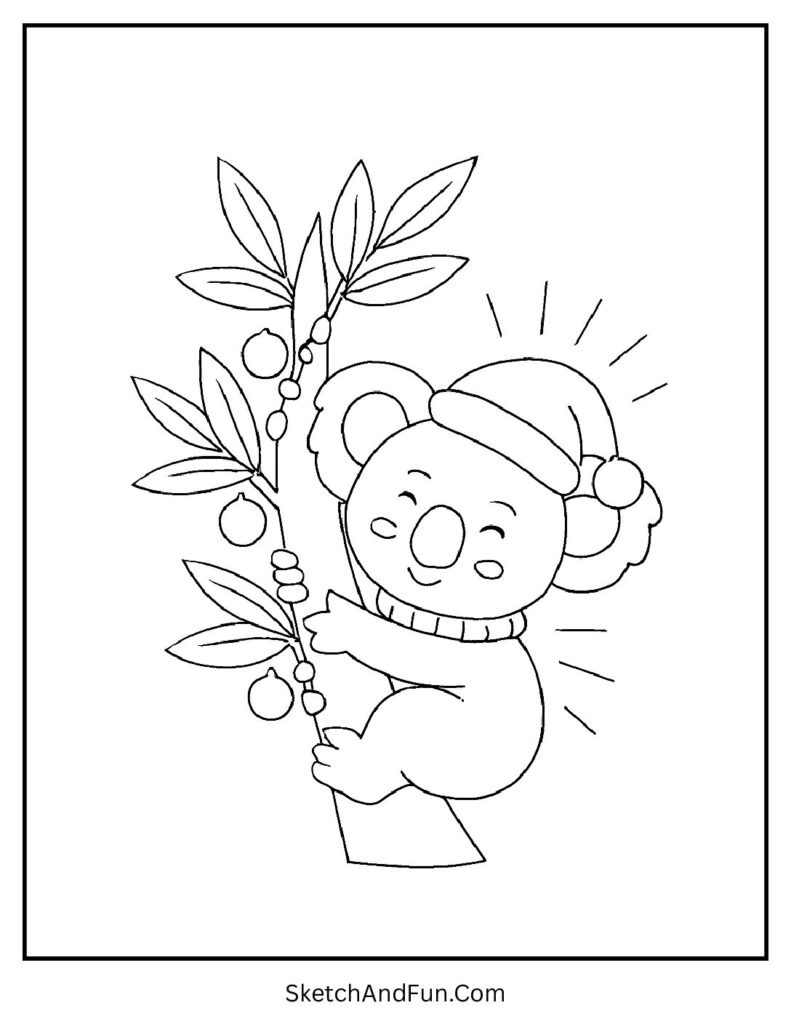 Koala hugs decorated eucalyptus, Christmas coloring pages winter animals cute.