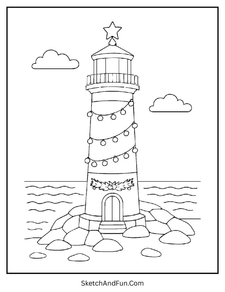 Lighthouse wrapped in lights, Christmas coloring pages nighttime scene festivel