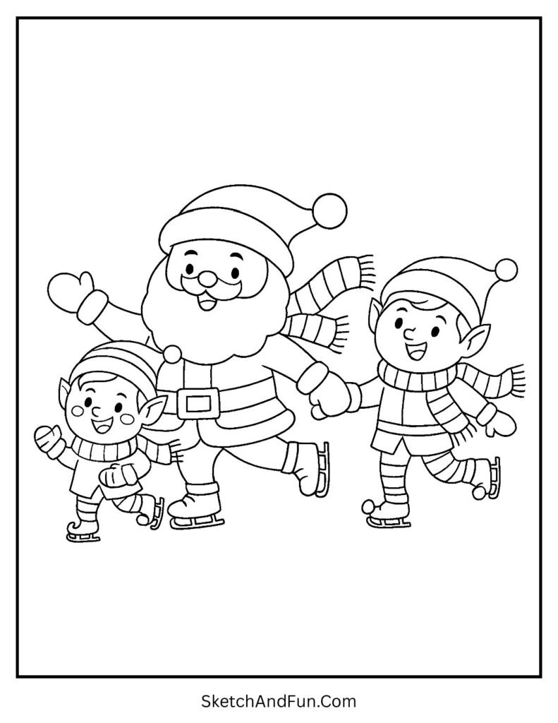 Santa and elves skating, Christmas coloring pages fun activities cheerful scene.