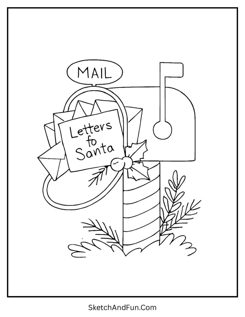 Letters burst from Santa mailbox, Christmas coloring pages letter to Santa playful.