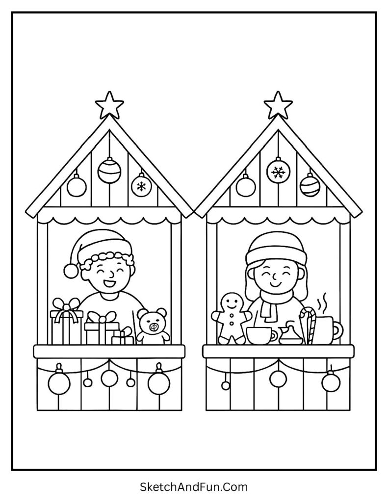 Free printable Christmas coloring sheets for preschool with market stalls