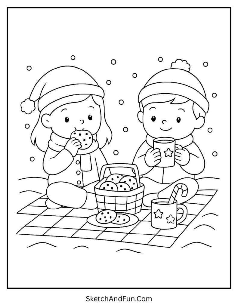 Kids eat cookies and cocoa outside, Christmas coloring pages food winter fun.