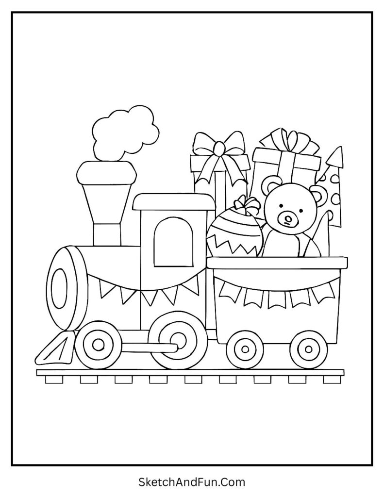 Large Christmas coloring pages train full of toys and gifts