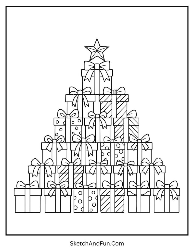 Stacked gift boxes form tree, Christmas coloring pages multiple elements festive.