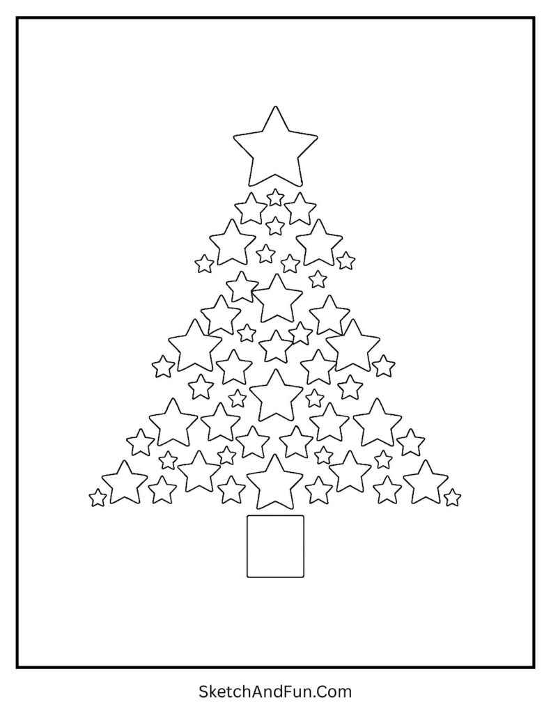 Tree filled with stars, Christmas coloring pages mandala snowflake for holiday fun.