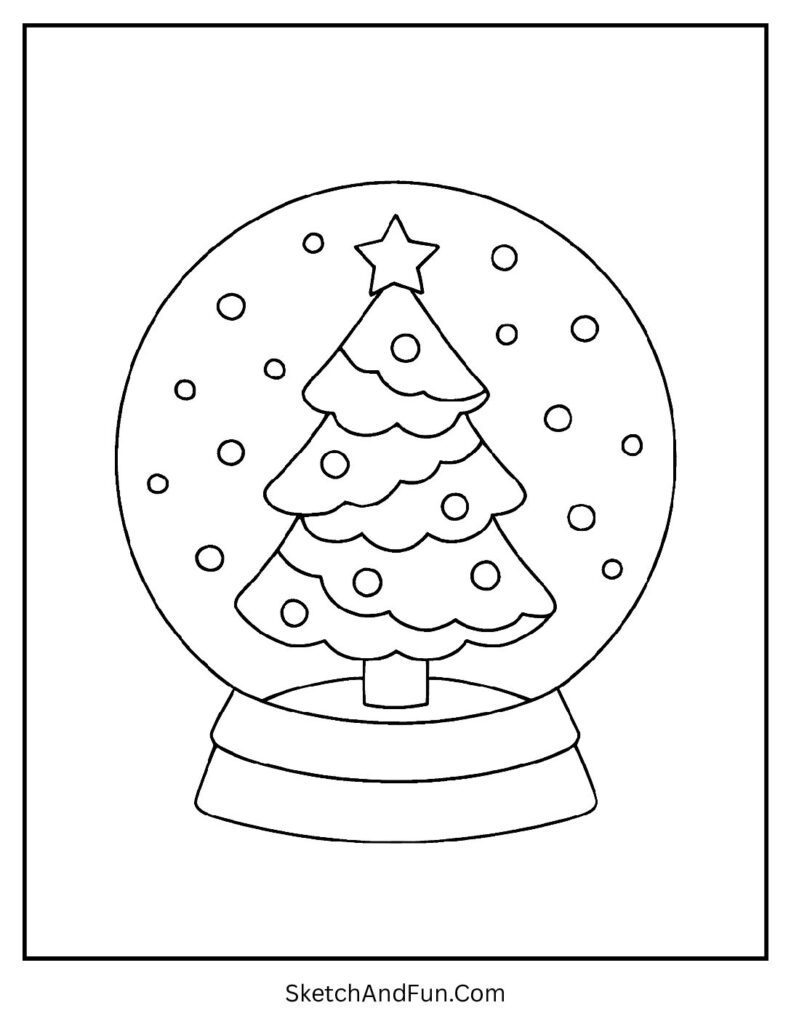 Tree inside globe with falling snow, Christmas coloring pages snow falling magical.