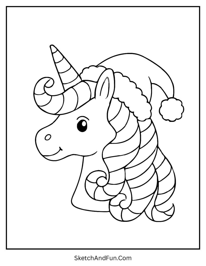 Unicorn hair like candy canes, Christmas coloring pages doodle art magical.