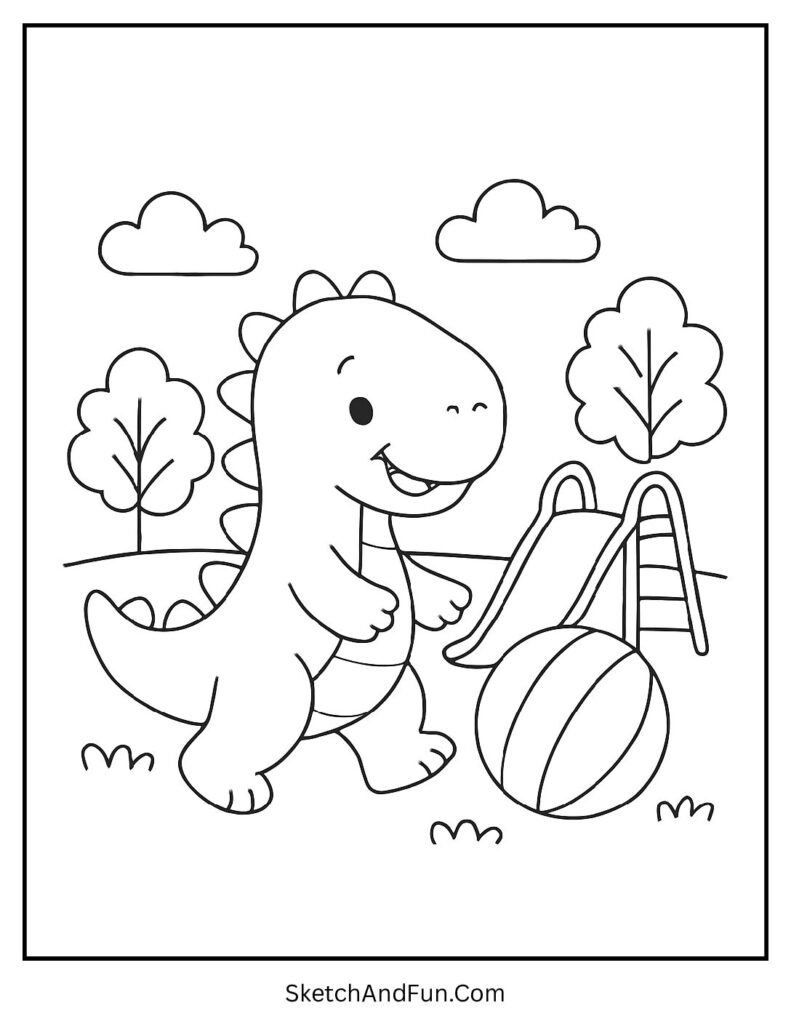 Cute dinosaur playing ball in a park for easy dinosaur coloring sheets.