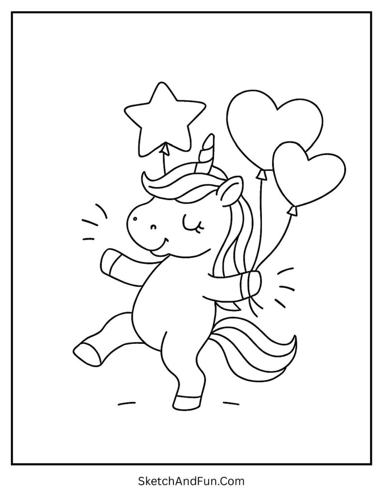 Happy unicorn coloring pages for kids with a dancing unicorn holding balloons.