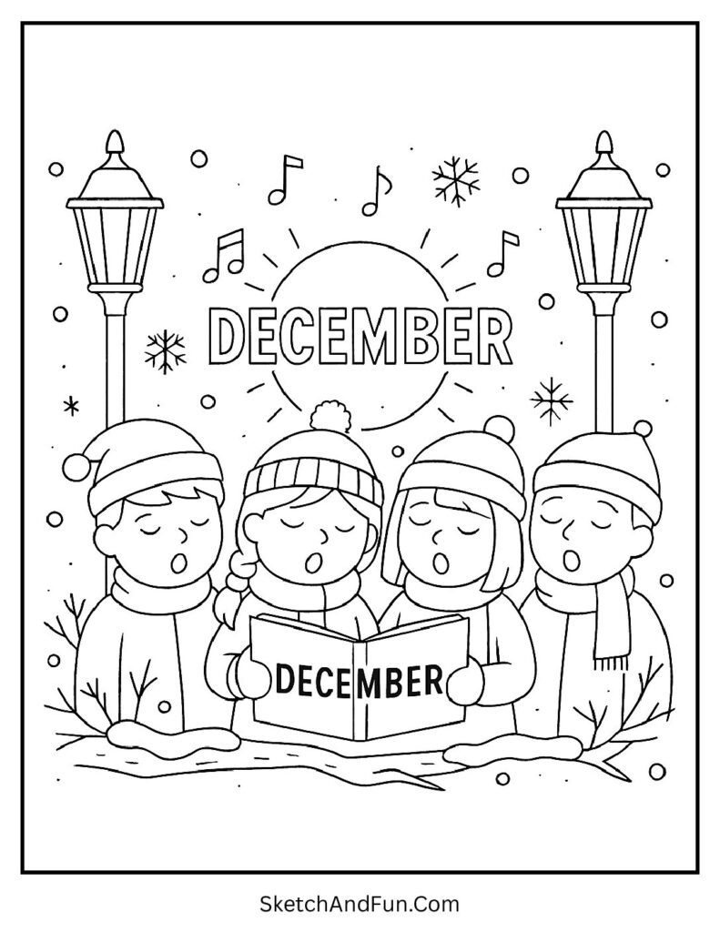 Caroling kids with DECEMBER songbook – Hanukkah coloring pages December theme.