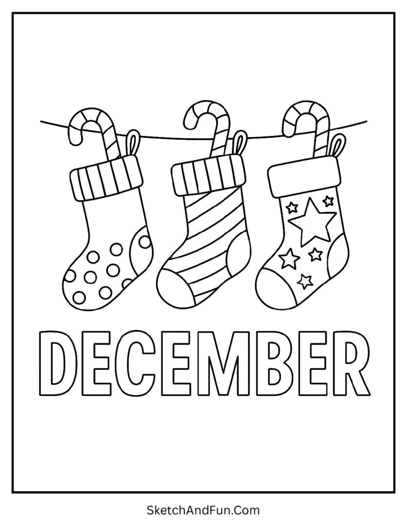 Stockings with DECEMBER letters – December calendar coloring page festive design.