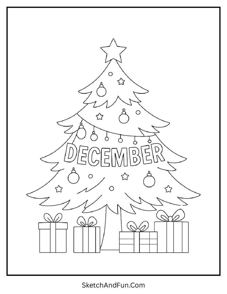 Christmas tree with gifts and DECEMBER garland – Christmas coloring pages December idea.