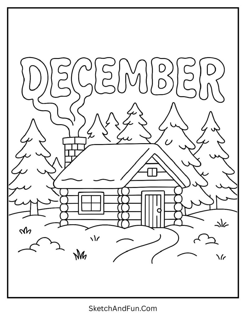 Cozy cabin with smoke forming DECEMBER – December coloring page cozy winter theme.
