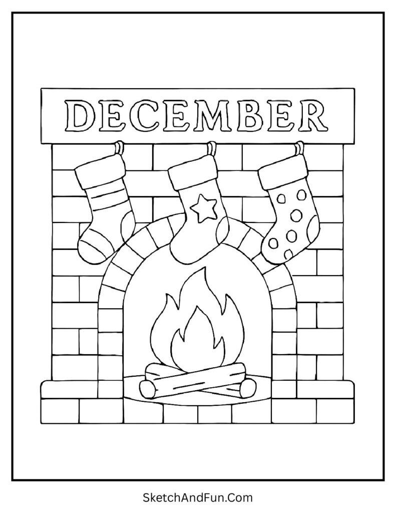 Warm fireplace with stockings and DECEMBER – December coloring pages PDF for holiday nights.