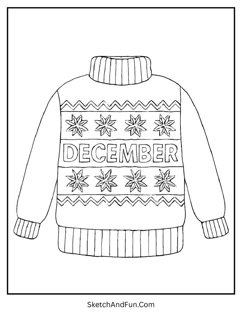 Cozy sweater with DECEMBER pattern – December coloring page PDF warm style.