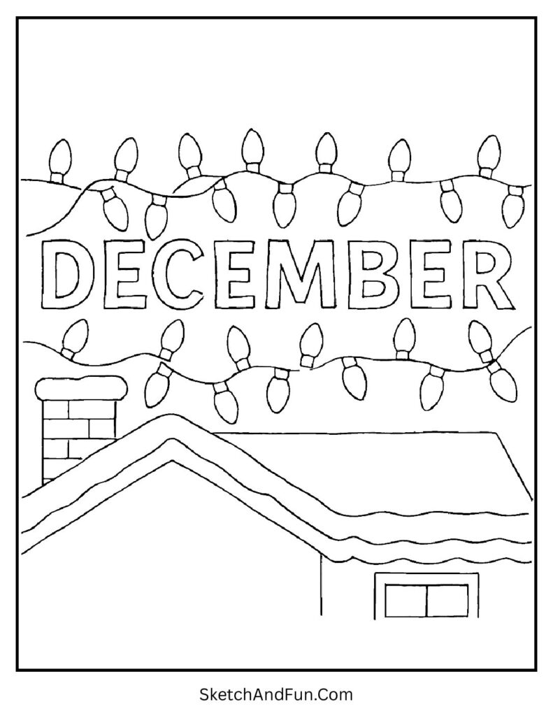 Rooftop lights forming DECEMBER – December coloring pages for adults holiday charm.