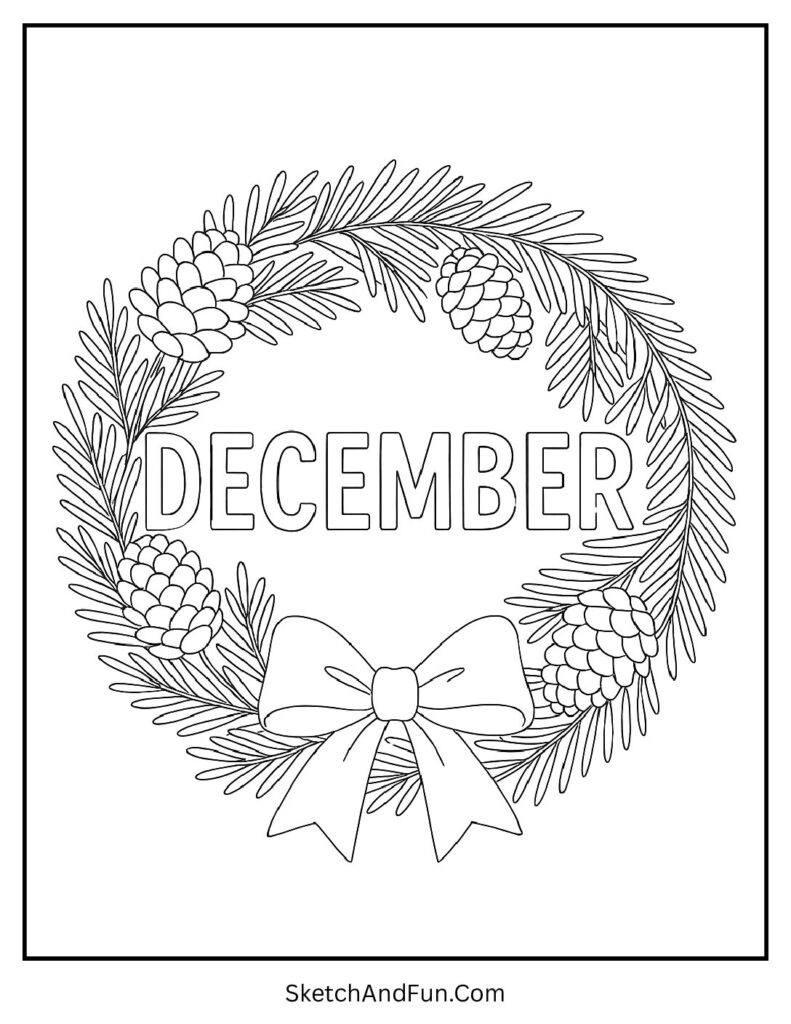 Holiday wreath with pinecones and DECEMBER – December coloring sheets printable design.
