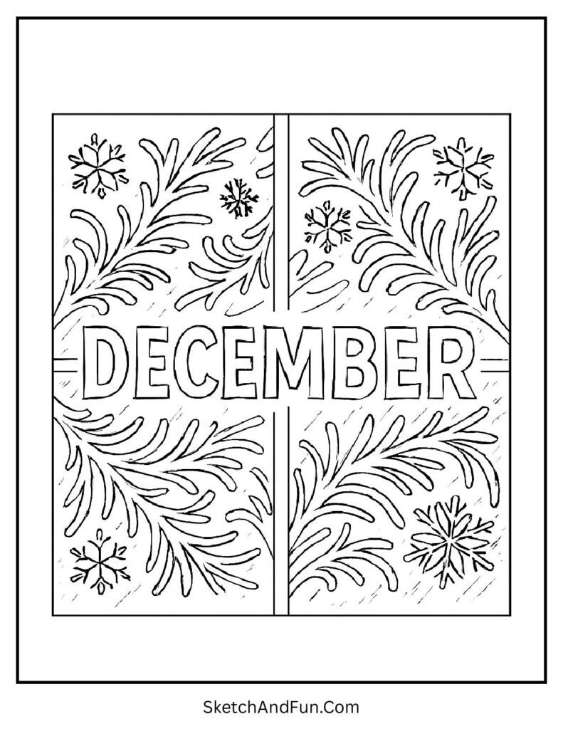 Frosted window with DECEMBER traced – December coloring page PDF download option.