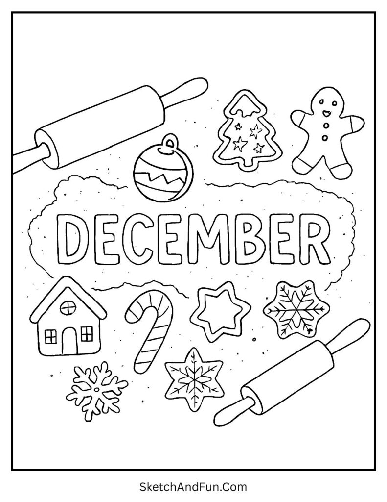 Baking cookies with flour spelling DECEMBER – Holiday treats December coloring page idea.