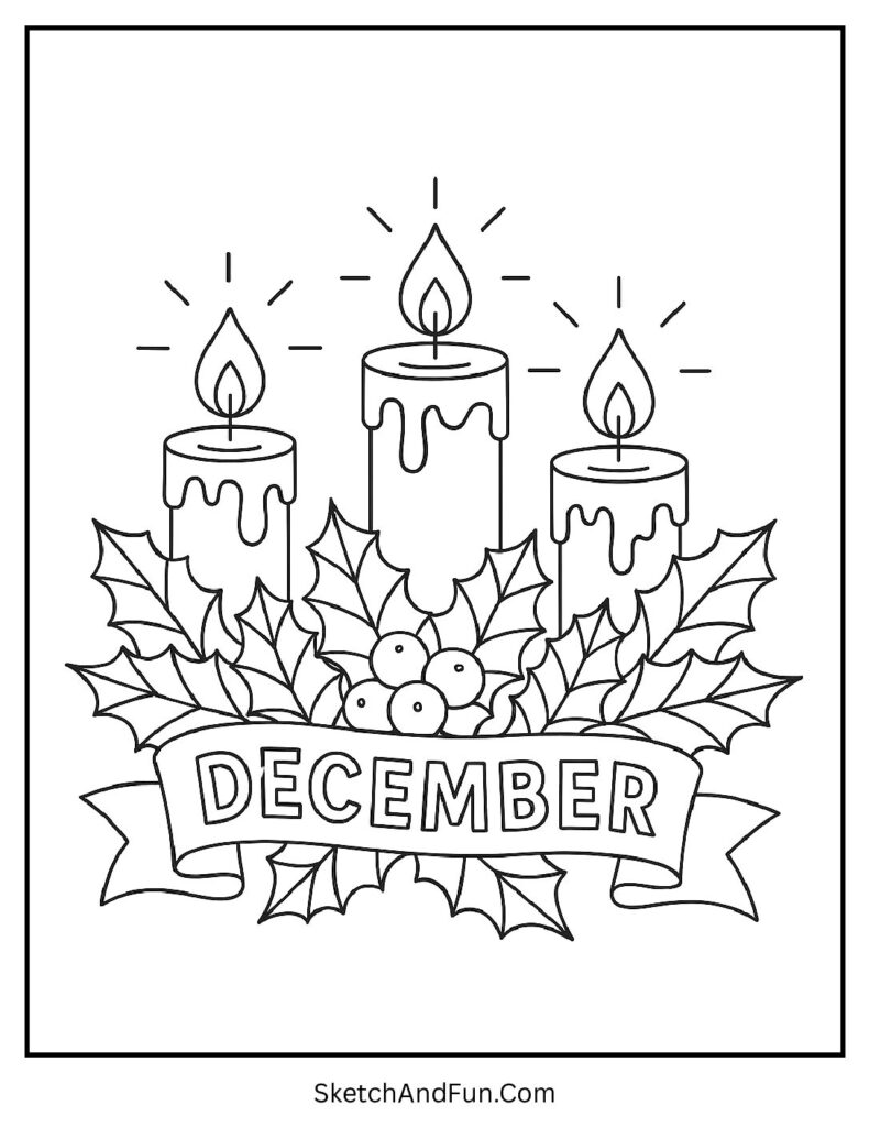 Candles with holly ribbon showing DECEMBER – December holiday coloring printable design.