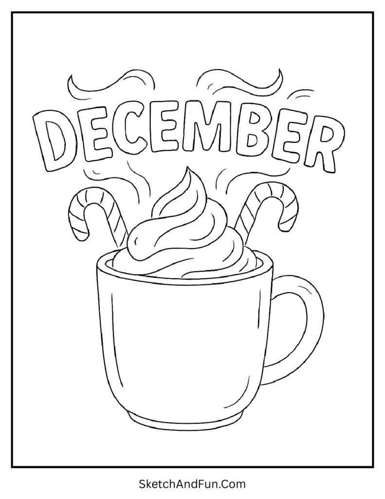 Hot cocoa mug with candy canes and DECEMBER – holiday December coloring pages cozy style.