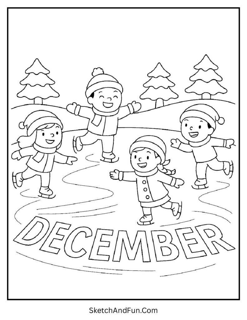 Ice skating kids with DECEMBER on frozen lake – December coloring activities winter scene.